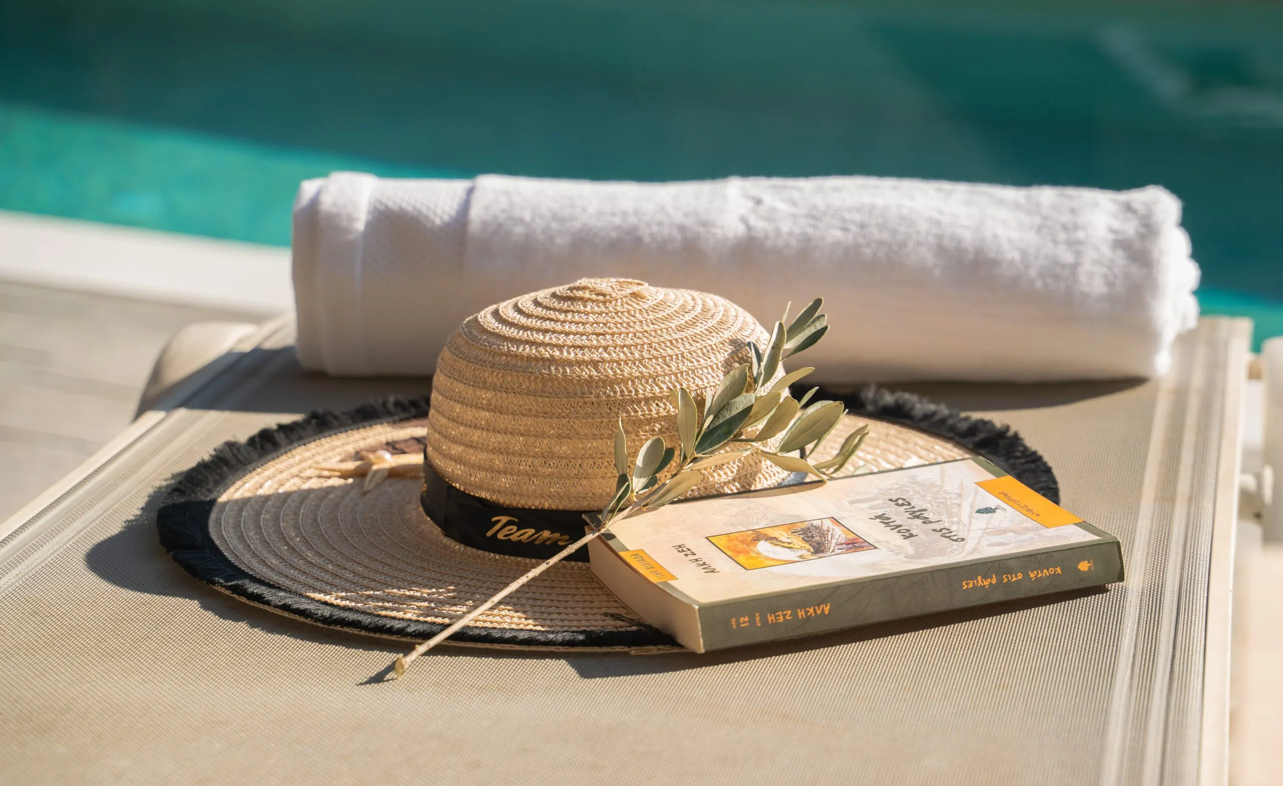 Straw hat, book and olive branch by the pool