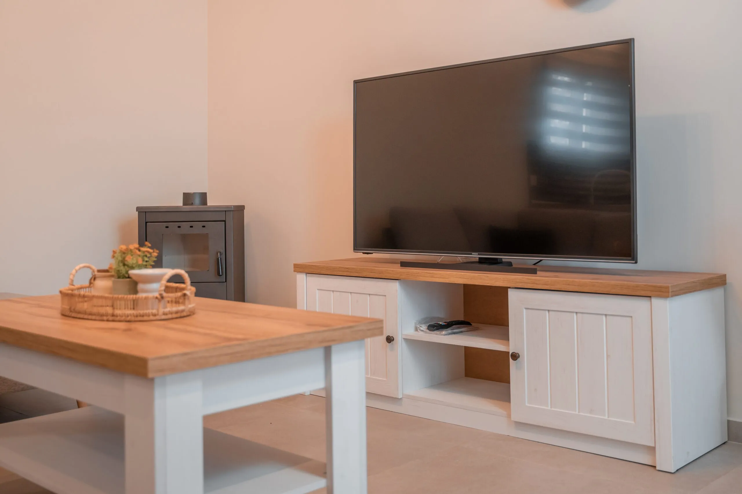 Living room TV unit and wood stove